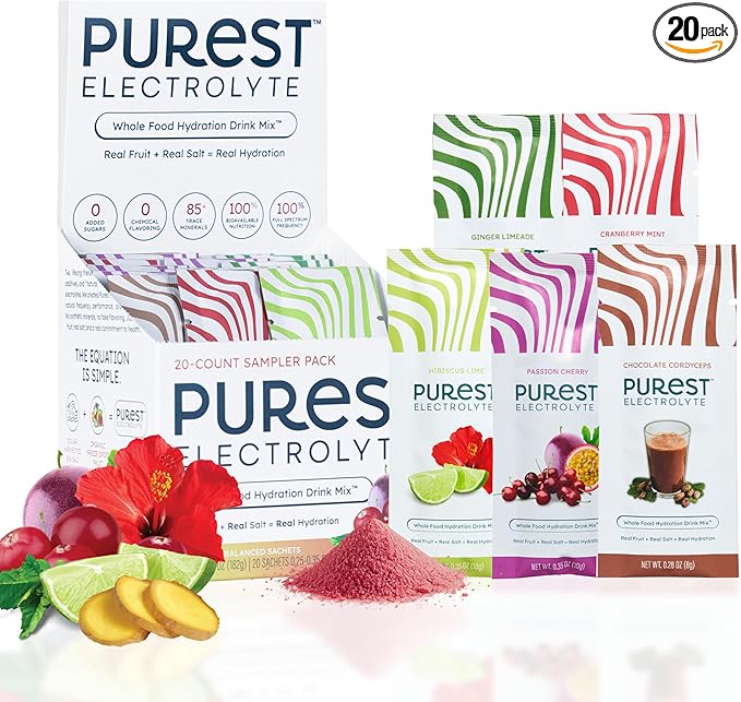 Organic Hydration Powder Packets with Solar Sea Salts & Organic Freeze-Dried Fruit for Instant Hydration, No Added Sugar Electrolytes, Variety - 20 Packets