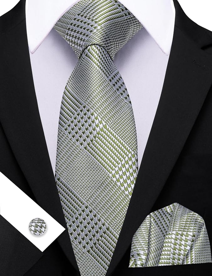 Barry.Wang Tie Sets for Men Silk Solid Necktie Stain Ties Handkerchief Pocket Square Cufflinks Wedding Business Dyed