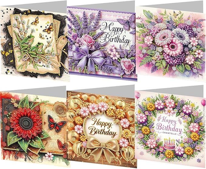 6PCS Diamond Art Painting Greeting Card Set, Birthday Pattern Cards with Envelopes,DIY Card Making Kits Thank You Card Arts Crafts for Birthday