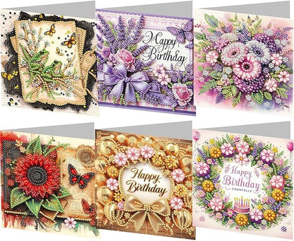 6PCS Diamond Art Painting Greeting Card Set, Birthday Pattern Cards with Envelopes,DIY Card Making Kits Thank You Card Arts Crafts for Birthday