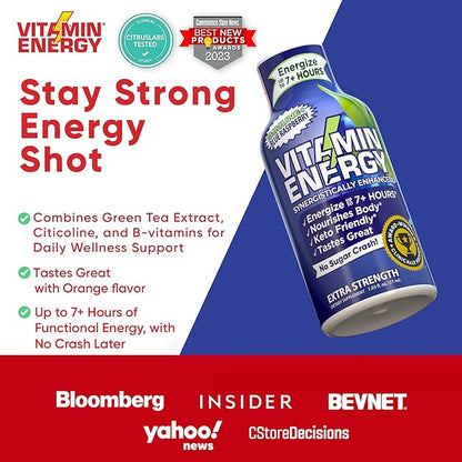 Vitamin Energy Immune+ Extra Strength Energy Shot Blue Raspberry 10 Pack, 260mg Natural Caffeine, B-Vitamins, Citicoline, Green Tea, Immunity & Focus Support, Zero Sugar, Gluten-Free 1.93 fl oz