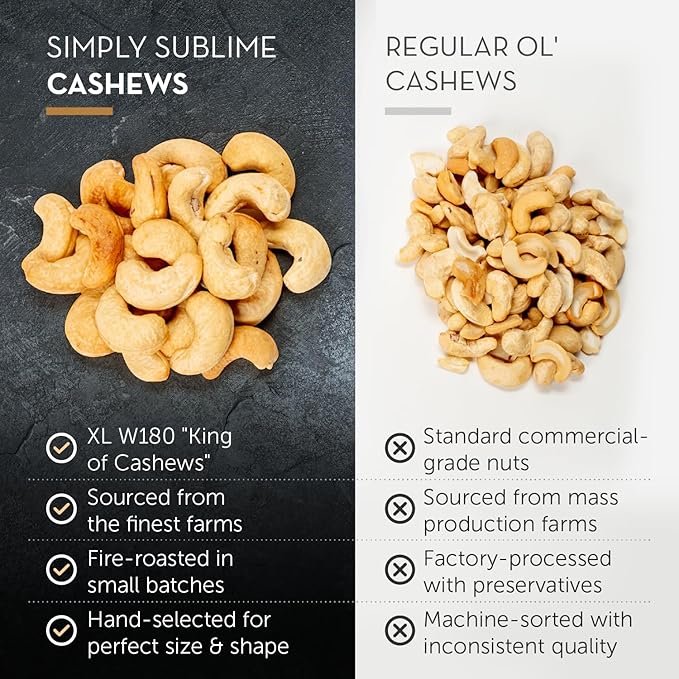 Simply Sublime Cashews, Roasted Lightly Salted – 20 x 1.2oz Single Servings – Jumbo, Hand Sorted & Flame Roasted with Himalayan Pink Salt – Gourmet Snack for Bourbon, Tequila, Champagne - 24oz