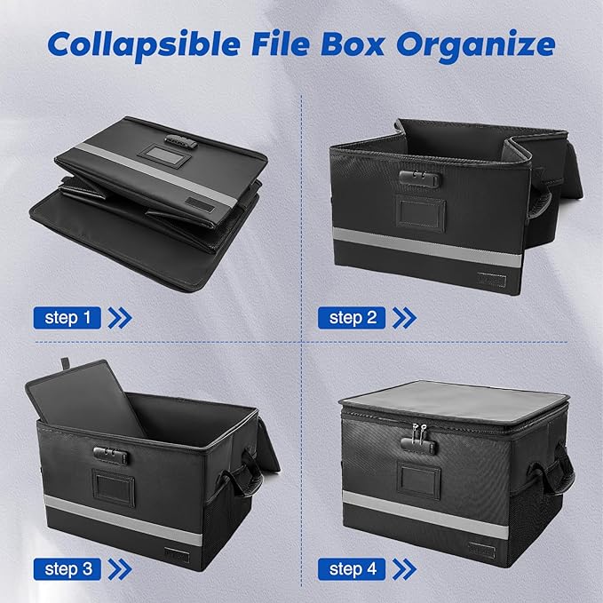 Fireproof Document Box with Lock, Waterproof File Safe Box Anti-Static Collapsible Portable Office Home File Cabinet with Reflective Strip for important Hanging Letter & Legal Folder Certificate
