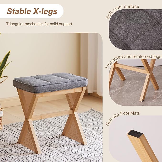 FILWH Foot Stool Small Ottoman Foot Rest Padded Foot Stool Desk Foot Stool for Under Office Desk Vanity Stool Bamboo Footstool Sofa Footrest Shoe Stool Small Foot Stools (Natural Legs + Gray)