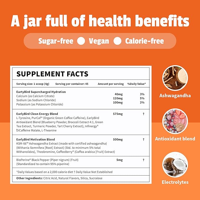 EarlyBird Energy Drink Powder - Morning Cocktail Blood Orange- Zero Sugar Electrolytes with Amino Acids - Electrolytes Powder & Caffeine Drink Mix for Morning Energy, Focus & Hydration - 45 Servings