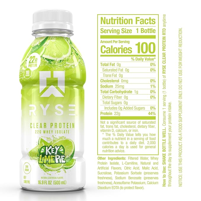 RYSE Clear Protein Drink - Key Lime Pie - 100 Calories, 22g Whey Isolate Protein Shake, Sugar-Free, 0g Fat & Lactose-Free - Refreshing Ready-to-Drink Beverage - 16.9 fl oz Bottles (12-Pack)
