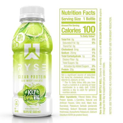 RYSE Clear Protein Drink - Key Lime Pie - 100 Calories, 22g Whey Isolate Protein Shake, Sugar-Free, 0g Fat & Lactose-Free - Refreshing Ready-to-Drink Beverage - 16.9 fl oz Bottles (12-Pack)