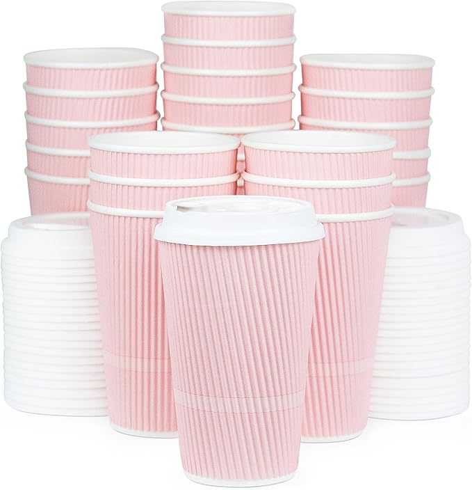 Disposable Coffee Cups With Lids - 16 oz To Go Coffee Cup (70 Pack). Large Travel Cups Hold Shape With Hot and Cold Drinks, No Leaks! Insulated Ripple Cups Protect Hands, No Sleeves needed!