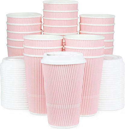 Disposable Coffee Cups With Lids - 16 oz To Go Coffee Cup (70 Pack). Large Travel Cups Hold Shape With Hot and Cold Drinks, No Leaks! Insulated Ripple Cups Protect Hands, No Sleeves needed!