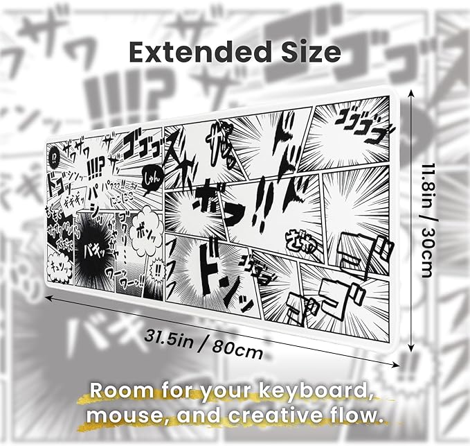 BELLEMOND Japanese Art Desk Mat | Large 31.5x11.8in Desk Pad | Anime Mouse Pad for Keyboard & Mouse | Non-Slip Base, Water-Repellent, Smooth Precision | Manga Burst