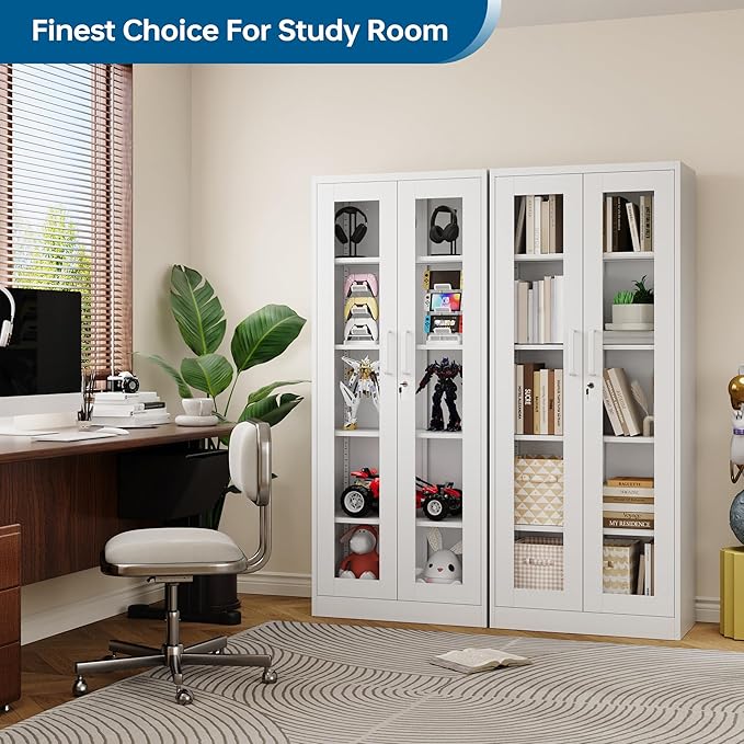 Display Storage Cabinet with Glass Door, 67 Inches Metal Curio Cabinet with 4 Adjustable Shelves, Lockable Glass Display Case for Home, Office, Clinic, Pantry, Assemble Required (White)