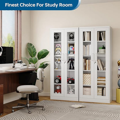 Display Storage Cabinet with Glass Door, 67 Inches Metal Curio Cabinet with 4 Adjustable Shelves, Lockable Glass Display Case for Home, Office, Clinic, Pantry, Assemble Required (White)