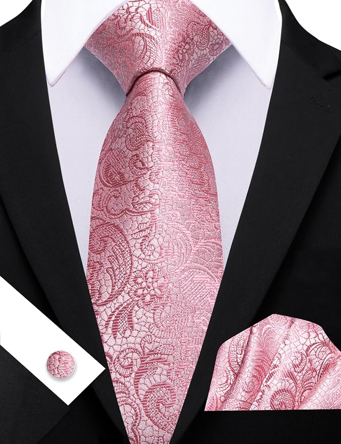 Barry.Wang Tie Sets for Men Silk Solid Necktie Stain Ties Handkerchief Pocket Square Cufflinks Wedding Business Dyed