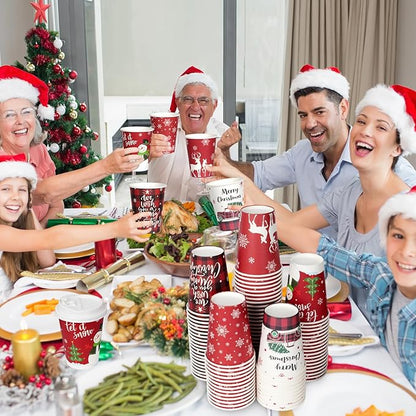 Hallswl 200 Pieces 12 oz Christmas Paper Cups with Lids, Disposable Coffee Cups for Cold Beverage Hot Drinking,Snowflake Snowman Truck Elk Plaid Pattern To Go Cup for Christmas Decorations