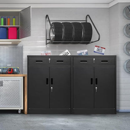 Metal Storage Cabinet, Locking Cabinet with One Drawer and Adjustable Shelf, 36.2" H x 28" W x 16" D Steel Storage Cabinet for Office, Garage, Home-Black