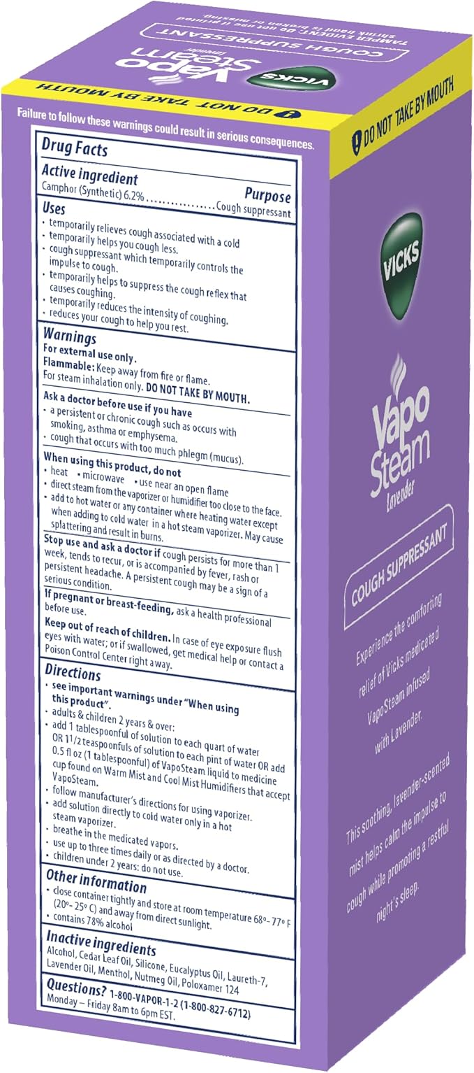 Vicks VapoSteam Lavender, Medicated Liquid Camphor Cough Suppressant, Helps with Cough Relief, Relaxation, and Comfortable Sleep, Compatible with Vicks Humidifiers & Vaporizers, 8 Oz