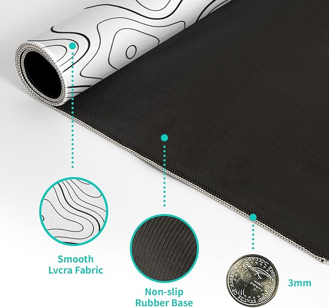 Topographic Contour Gaming Mouse Pad White Large Mouse Pad for Keyboard and Mousepad Desk Mat with 3mm Non-Slip Base and Stitched Edge for Gaming and Office Computer Mat Protector Mat 27.6x11.8 Inch