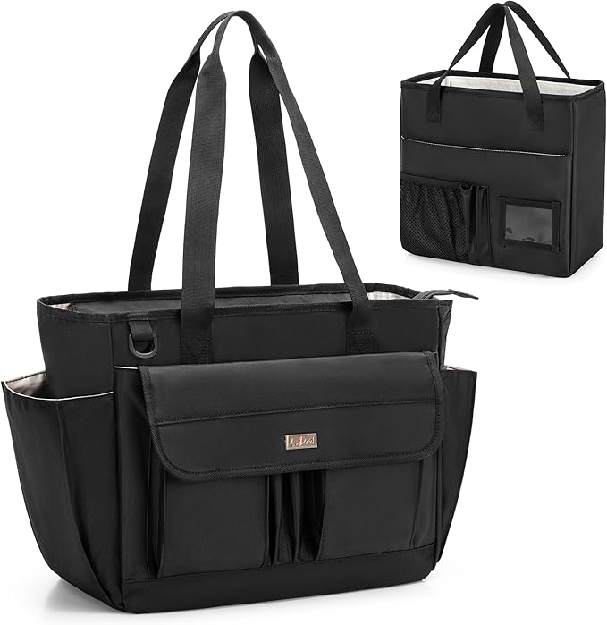 LoDrid File Tote Bag with Extra Document Organizer Case for Letter Size File Folders, Large Utility Bag with 15.6” Laptop Padded Sleeve for Work, Business, Black