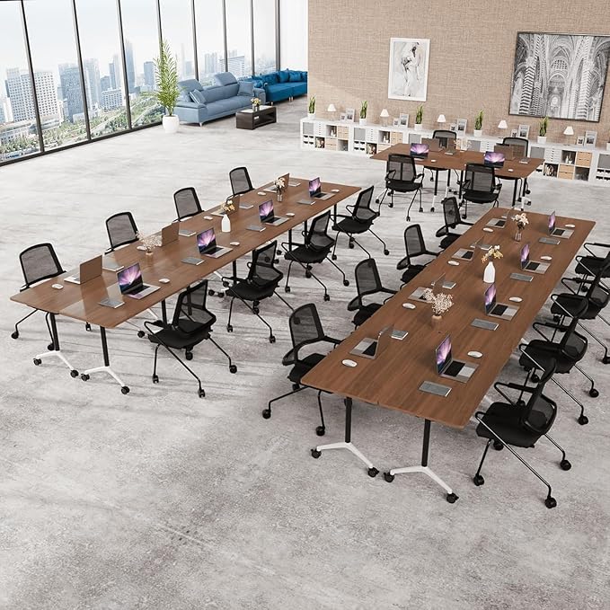 Conference Room Table, Modern Folding Training Tables with Flip Top, Mobile Table with Four Locking Wheels, Executive Desk for Meeting Room, Office, Classroom (6PCS，61in)