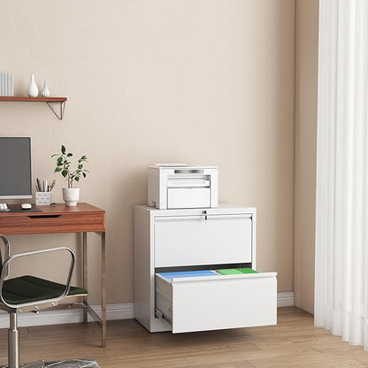 File Cabinet with Lock, 2 Drawer Lateral Filing Cabinets for Home Office, Metal Heavy Duty Steel Storage Cabinets for Hanging Letter/Legal/F4/A4 Size, Assembly Required White