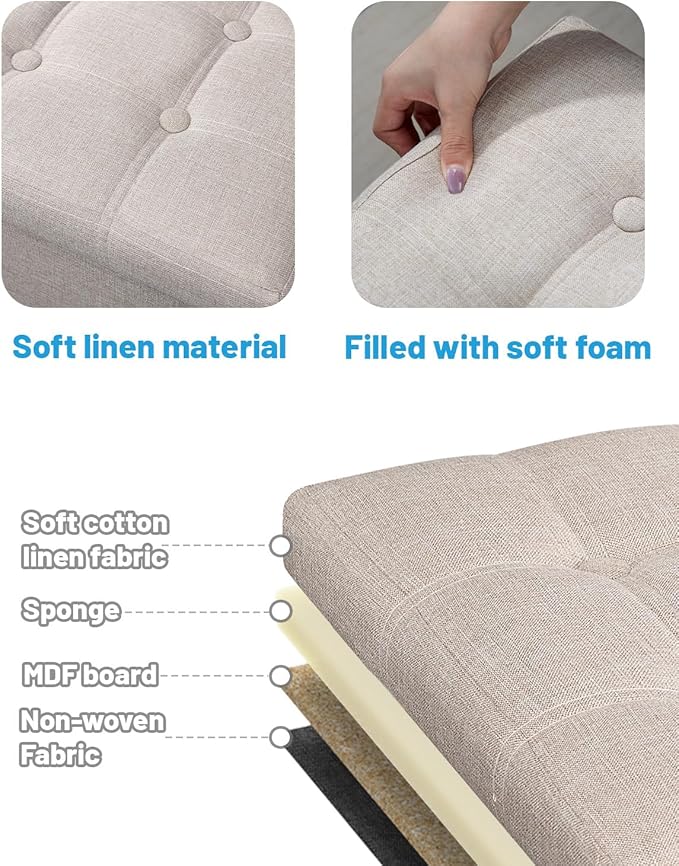Storage Ottoman Foot Rest, Folding Linen Cotton Ottoman with Storage with Side Pockets and Handle, Foot Stool for Lounge, Study Corner, Home Office, 17x17x13 Inches, Beige