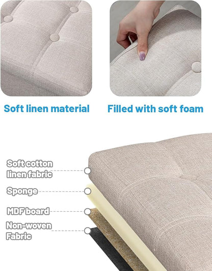 Storage Ottoman Foot Rest, Folding Linen Cotton Ottoman with Storage with Side Pockets and Handle, Foot Stool for Lounge, Study Corner, Home Office, 17x17x13 Inches, Beige