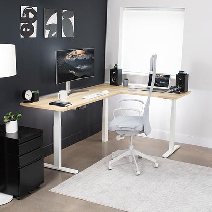 VIVO Electric 78 x 55 inch Square Corner Memory L Shaped Stand Up Desk, Light Wood Table Top, White Frame, Corner Height Adjustable Workstation, 3E-S Series, DESK-KIT-3E5SWC