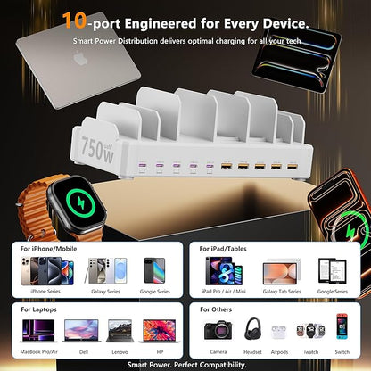 750W Charging Station for Multiple Devices, 10-Port Fast Charger, 5 USB-C 120W Each and 5 USB-A 30W Each, Desktop Charging Hub for Laptop Phone Tablet, White