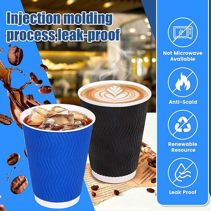 12 oz Disposable Paper Coffee Cups - 50 Pack, 12 oz Insulated Hot Cups With Corrugated Wall, Leak-Resistant Paper Cups for Home & Commercial Use (2 Color Pack - Blue, Black)