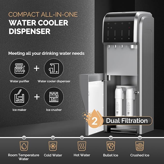ICEPURE 6-in-1 Bottleless Water Cooler with Ice Maker with 2-Stage Filters, WiFi, Bullet and Crushed Ice, 35lbs/24H, Hot and Cold Water Dispenser Built-in Ice Machine, Child Lock, Stainless Steel