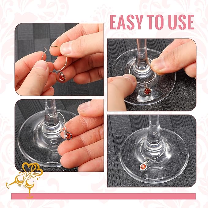 Junkin 12 Pcs Wine Glass Charms Markers Tags for Stem Glasses Drink Markers Wine Charm Ring Identifier for Wedding Bachelorette Tasting Holiday Party Favor Decoration (Birthstone Style)