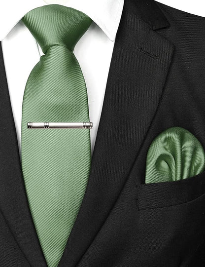 JEMYGINS Solid Color Formal Necktie and Pocket Square Tie Clip Sets for Men