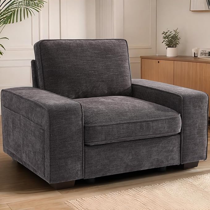 TEKAMON 45" Accent Chair with Seat Storage, Oversized Single Sofa Chair, Modern Chenille Fabric Armchair for Living Room/Office with Deep Seat, Wide Armrests, Side Pockets, USB, WashableCovers(DkGrey)