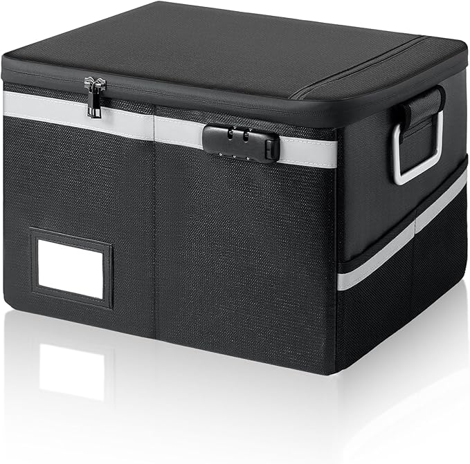 Fireproof Document Box,Portable File Organizer with Lock,Water-Resistant Document Organizer Collapsible File Cabinets for Home Office Safe Storage Box for Hanging Letter/Legal Folders-Black