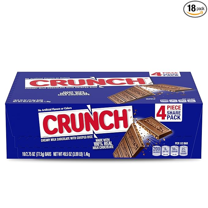 CRUNCH, Bulk 18 Pack, Milk Chocolate and Crisped Rice, Share Size Individually Wrapped Candy Bars, 2.75 oz Each