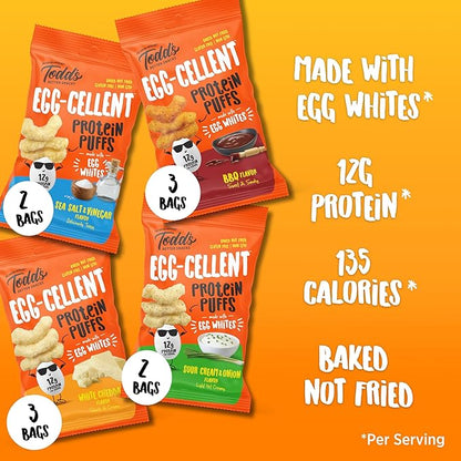 Todd's Better Snacks Egg-Cellent Protein Puffs, Variety Pack – 12g Protein, Gluten-Free, Paleo-Friendly, Baked, GLP-1 Compliant – Healthy Snack, Made with Egg Whites – 1.2 Oz (Pack of 10)
