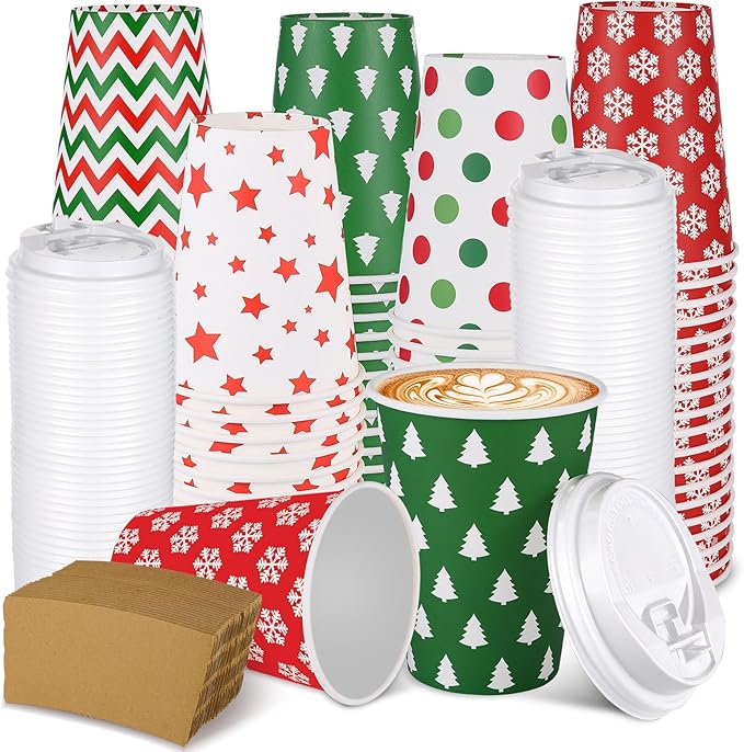 300 Pcs/100 Sets Christmas Coffee Cups with Lids and Sleeves 12 oz Disposable Christmas Paper Cups Party Drinking Cups for Hot and Cold Drinks Chocolate Coffee Tea Beverage Bar Supplies (Simple)