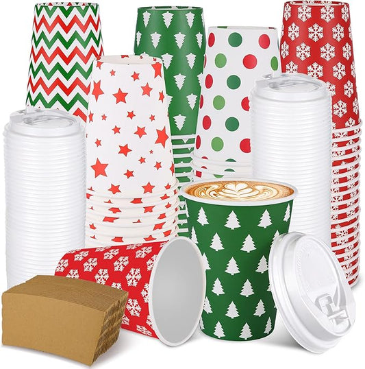 300 Pcs/100 Sets Christmas Coffee Cups with Lids and Sleeves 12 oz Disposable Christmas Paper Cups Party Drinking Cups for Hot and Cold Drinks Chocolate Coffee Tea Beverage Bar Supplies (Simple)