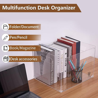 DF Acrylic File Holder with Handles - Acrylic File Organizer - Clear File Box for Letter Size/A4 Folder Holder - Desktop Hanging File Organizer (Without Partition)