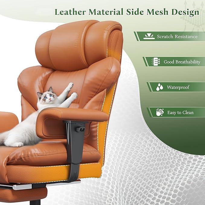 Ergonomic Office Chair with Foot Rest and Arms,Big and Tall Leather Executive Office Chair with Wide&Deep Seat Thickened,Reclining Comfy Desk Chair with High Back and Lumbar Support,Brown