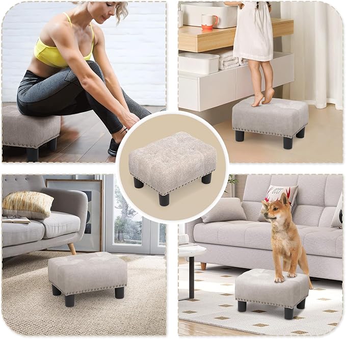 Athena Collection Small Foot Stool Ottoman with Storage, Rectangular Mini Ottoman with Legs Tufted Ottoman Foot Rest Stool Upholstered Ottoman Footstool with Nailhead Trim & Zipper, Sandy Beige
