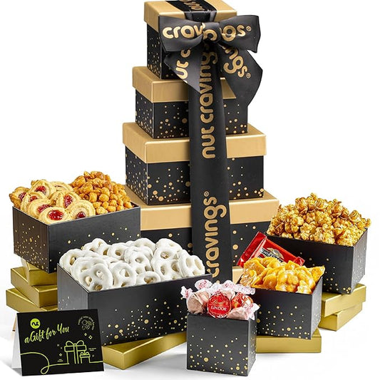 NUT CRAVINGS - Thanksgiving Chocolate Covered Pretzels & Caramel Popcorn Gift Basket, in Black Tower + Ribbon (8 Assortments) Holiday Xmas Christmas Healthy Snack Care Package