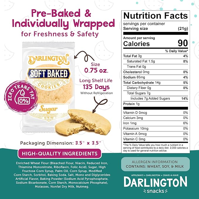 Darlington Snacks Soft Baked Sugar Cookies Individually Wrapped, 100% Nut Free Soft Sugar Cookies, Kosher Approved, Made in USA, 0.75 Oz, 216 Count