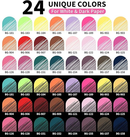 Gel Pens For Coloring, 24 Colors Retractable Colored Pens for Black Paper & White Paper, 0.7mm Fine Point Colorful Pens for Coloring, Writing, Drawing, Journaling, Note Taking, School, Office, Home