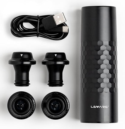 Levare - Rechargeable Wine Saver Vacuum Pump Sealer, Automatic Preserver with USB-C Charger & 4 Universal Bottle Stopper Plugs, Cordless Air Remover to Prolong Freshness, Ideal Gift for Wine Lovers