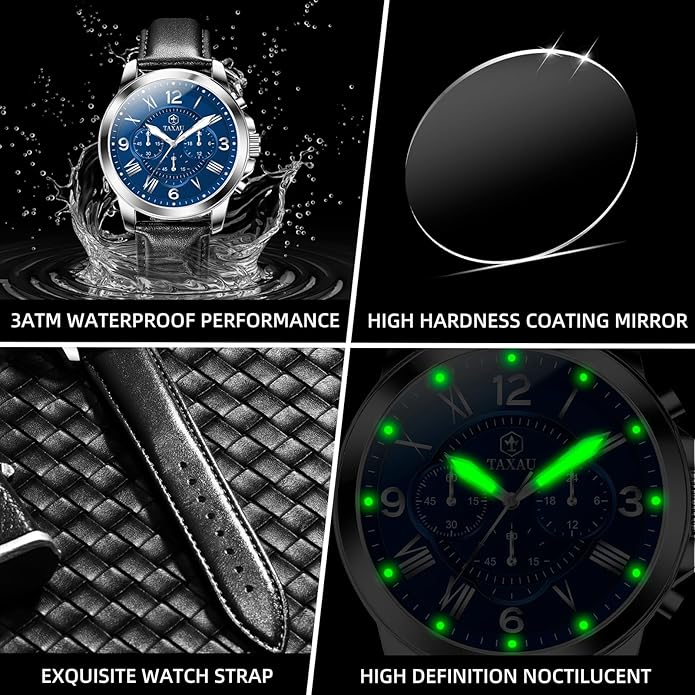 Mens Watches Luxury Dress Waterproof Leather Watch with Date Day Analog Quartz Large Number Wrist Watch Casual Classic Luminous Scales Big Face Easy Read Reloj para Hombre