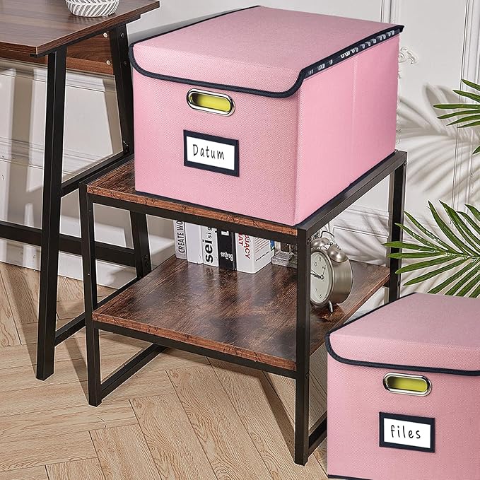 Collapsible File Organizer Box, filing Storage boxes for hanging files with lid, Linen Portable file folder box with handle, Decorative Document Storage Bins for Office/Home/Décor(Pink)
