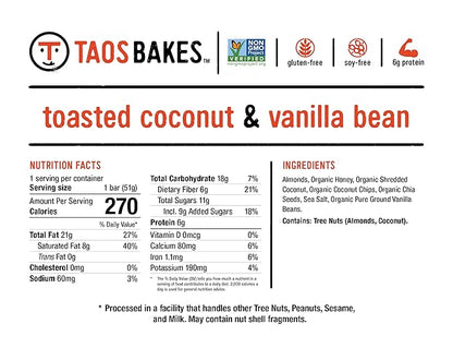 Taos Bakes - Toasted Coconut + Vanilla Bean - Snack Bars - 6g Fiber & Gluten-Free Granola Bars - Healthy Snack for Adults - Filled with Almonds, Coconut Chips, & Chia Seeds - 12 Pack, 1.8oz ea