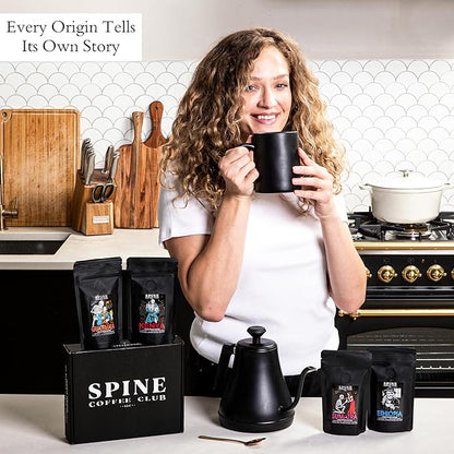Spine Coffee Club LLC 4-Pack Gourmet Coffee Sampler Gift Box Set with Ethiopia, Sumatra, Guatemala, Kenya Single Origin Selection - Whole Bean