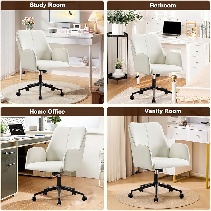Furniliving Home Office Desk Chair, Ergonomic Leather Office Chair with Wheels, Comfortable Rolling Task Chair Adjustable Height, White